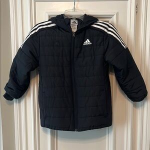 Adidas Black Puffer Jacket with White Stripes